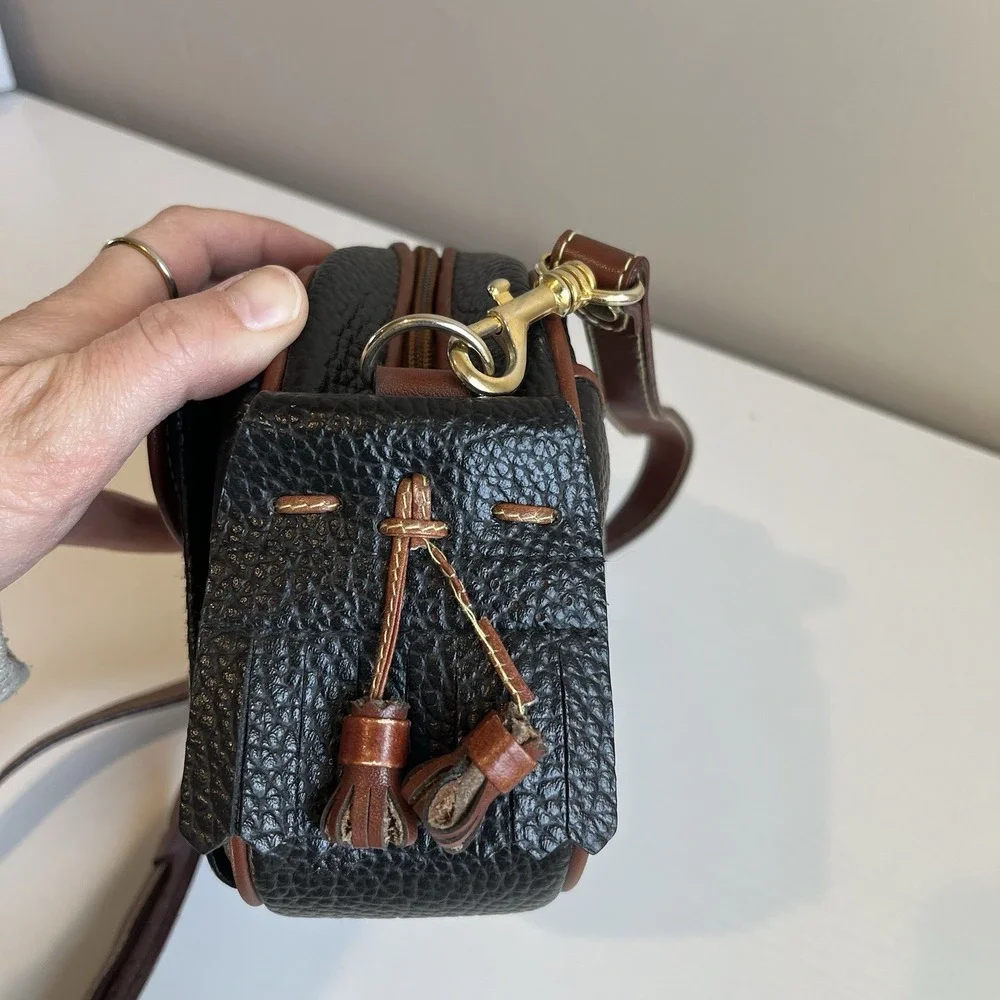 Vintage Cross Body Leather‎ Purse Black Brown Leather Tassel LG Classic Small